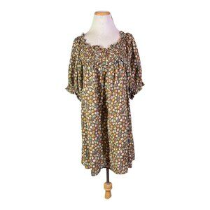 Doen Size L Patricia Dress Puff Sleeve Cotton Floral Brown